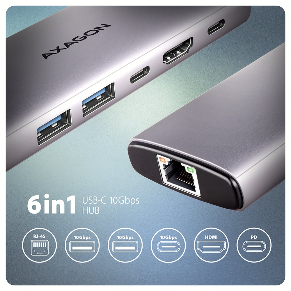 Порт-реплікатор AXAGON 6-in-1 SuperSpeed USB-C 10Gbps Combo Hub