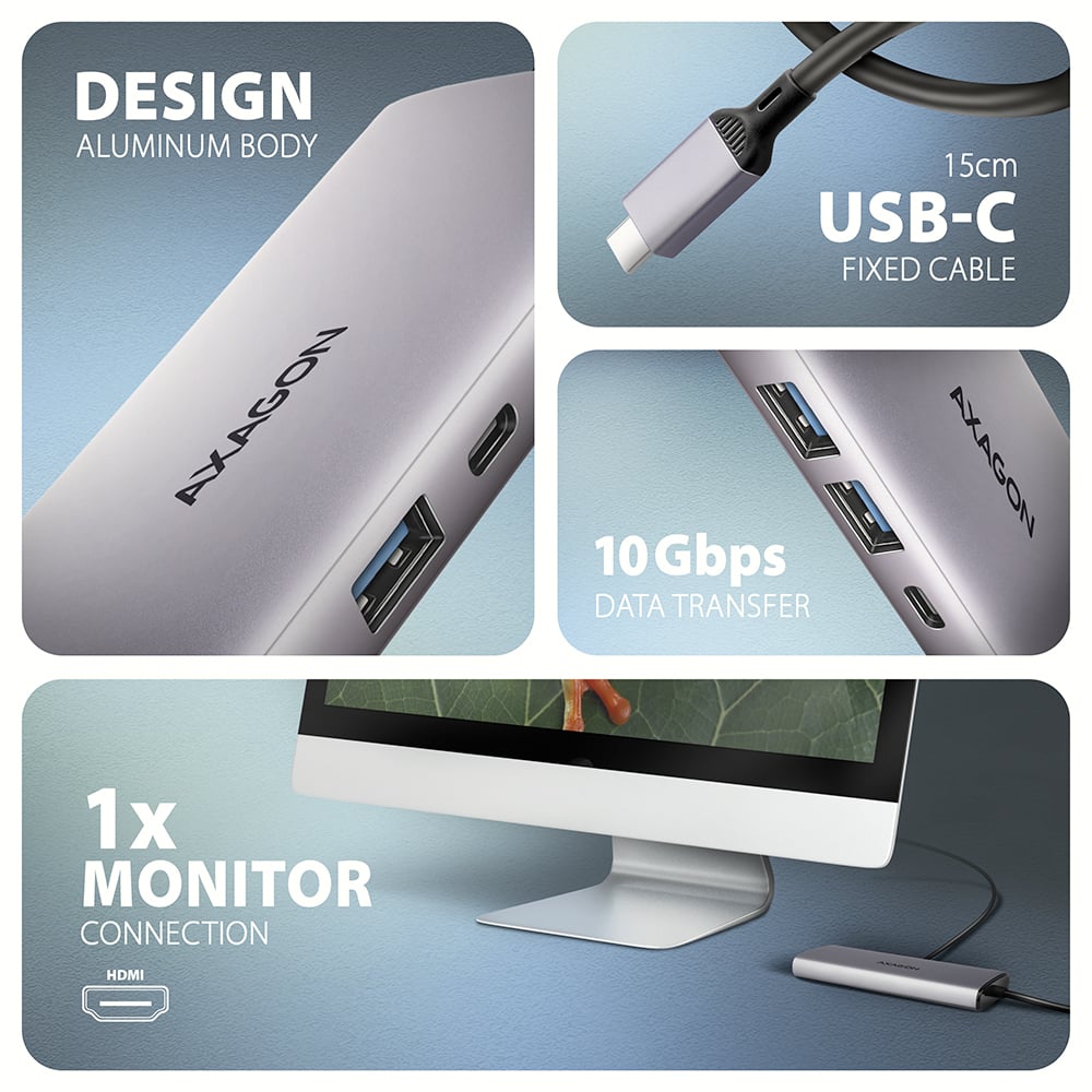 Порт-реплікатор AXAGON 6-in-1 SuperSpeed USB-C 10Gbps Combo Hub