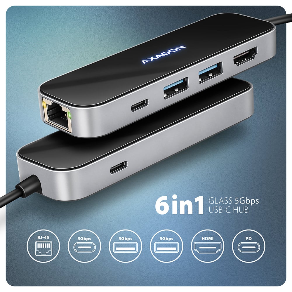 Порт-реплікатор AXAGON 6-in-1 SuperSpeed USB-C 5Gbps Glass Hub