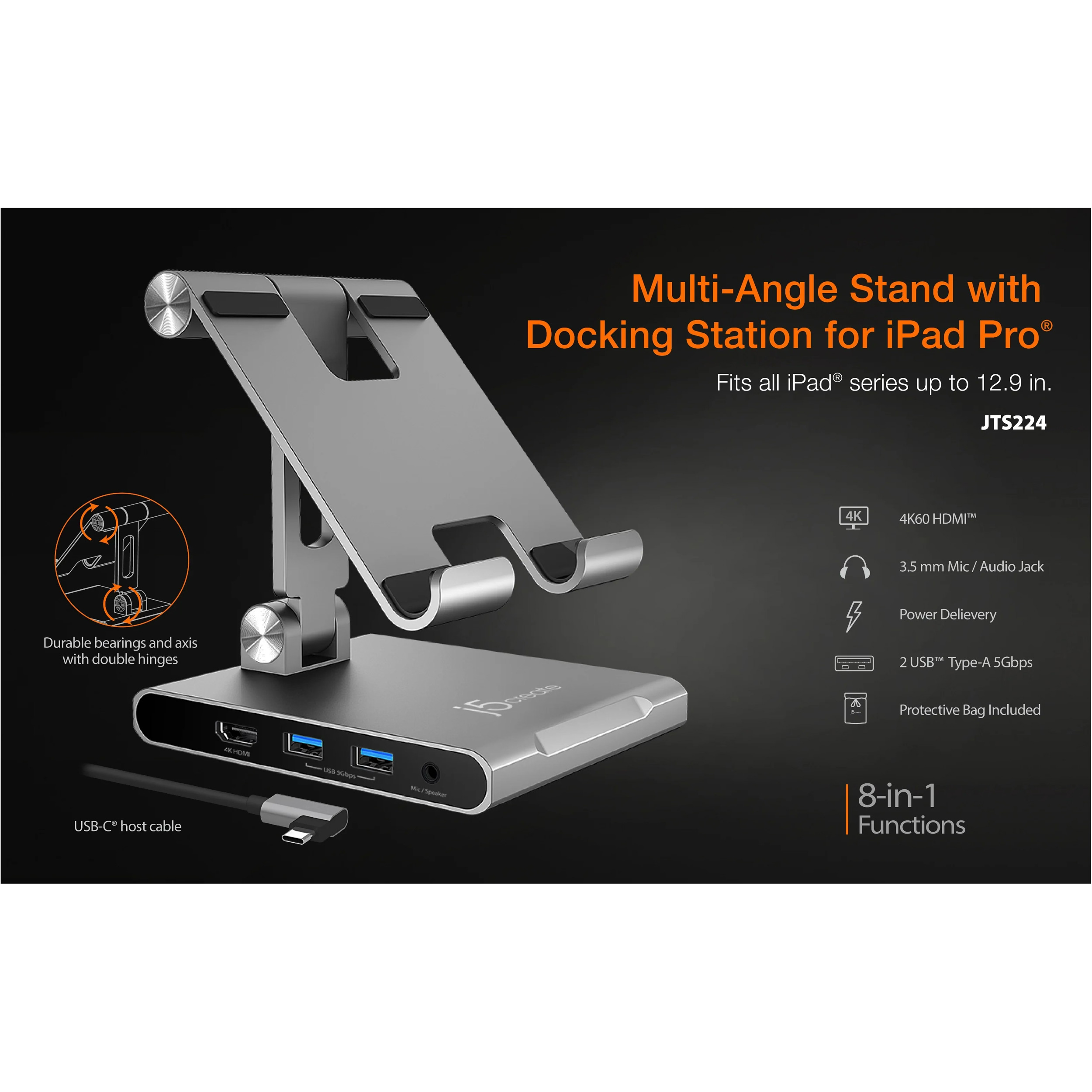 Док-станція для планшета J5CREATE Multi-Angle Stand with Docking Station for iPad Pro (JTS224-N)