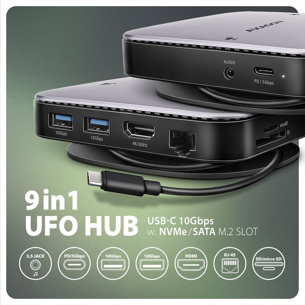 Порт-реплікатор AXAGON 9-in-1 USB-C 10Gbps UFO Hub