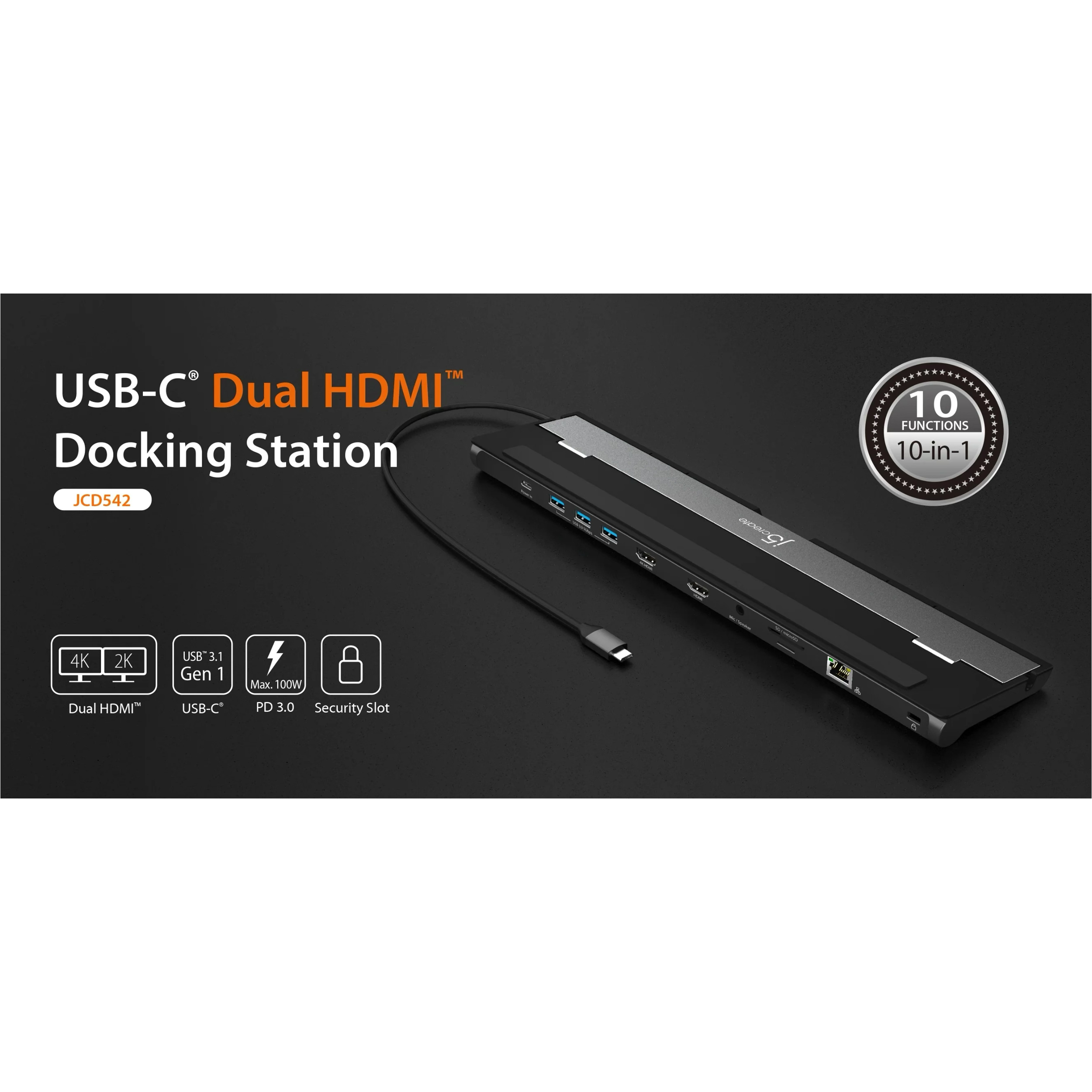 Док-станція J5CREATE 10-in-1 USB-C Dual HDMI Docking Station (JCD542-N)
