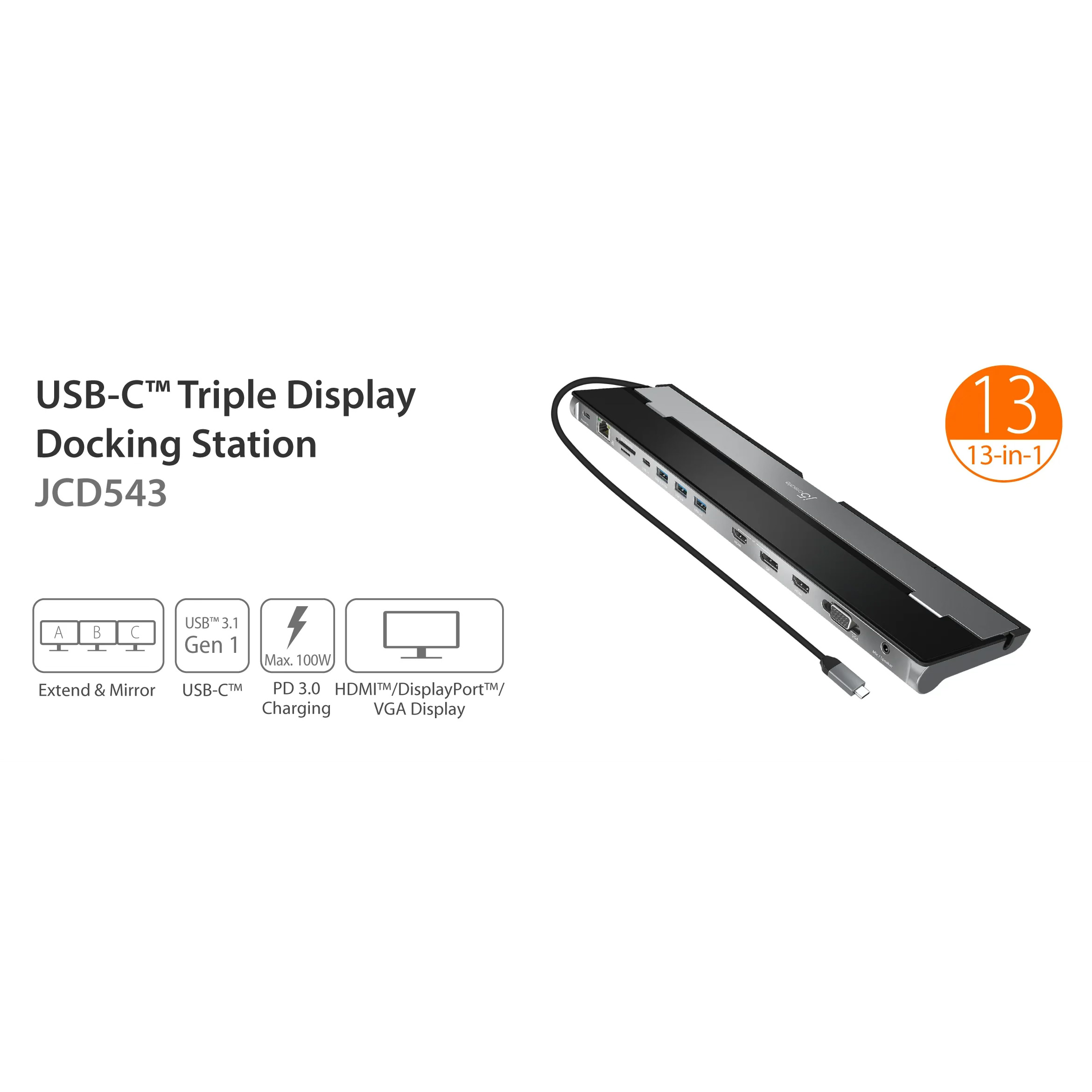 Док-станція J5CREATE 13-in-1 USB-C Triple Display Docking Station (JCD543-N)