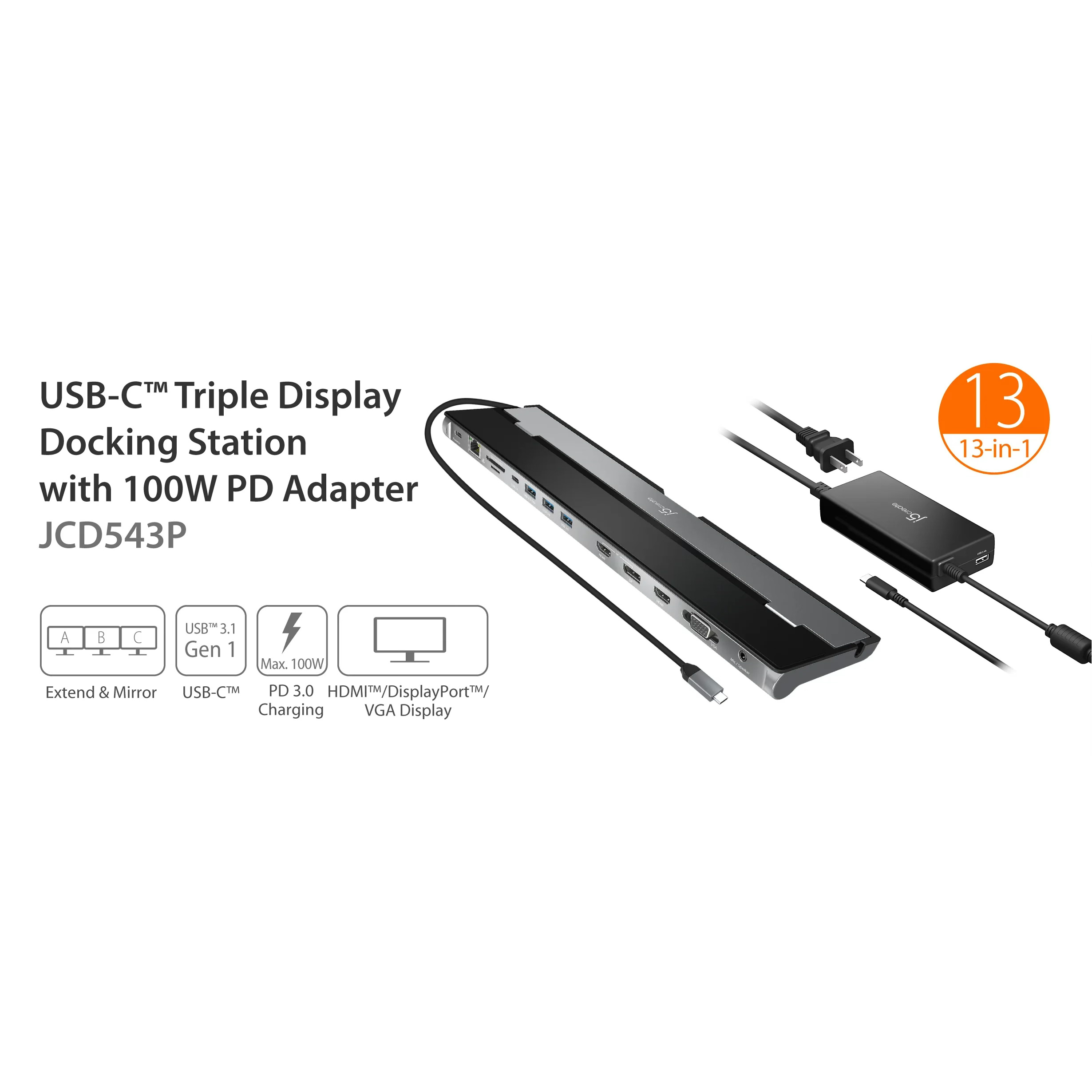 Док-станція J5CREATE 13-in-1 USB-C Triple Display Docking Station w/100W PD Adapter (JCD543P-EN)