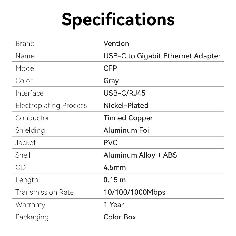 Адаптер VENTION USB Type-C - Ethernet RJ45 1000Mb Gray (CFPHB)