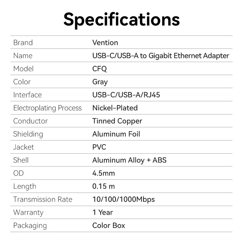 Адаптер VENTION USB Type-C/USB-A - Ethernet RJ45 1000Mb Gray (CFQHB)