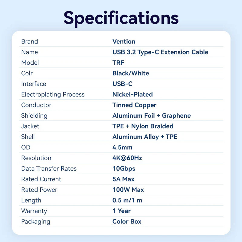 Кабель-подовжувач VENTION USB 3.2 CM/CF PD100W 1м (TRFBF)