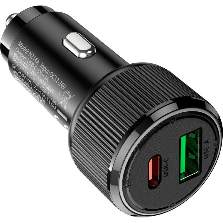 Автомобільний зарядний пристрій HOCO NZ14A Guerrero 1xUSB-C, 1xUSB-A, PD20W, QC3.0 Black (6942007620437)