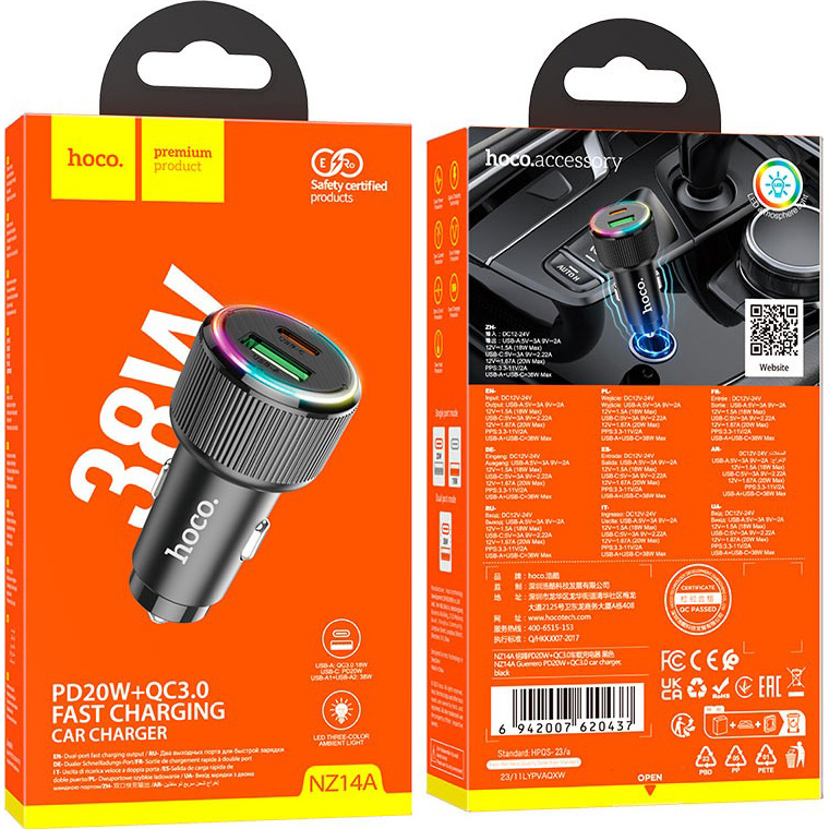 Автомобільний зарядний пристрій HOCO NZ14A Guerrero 1xUSB-C, 1xUSB-A, PD20W, QC3.0 Black (6942007620437)