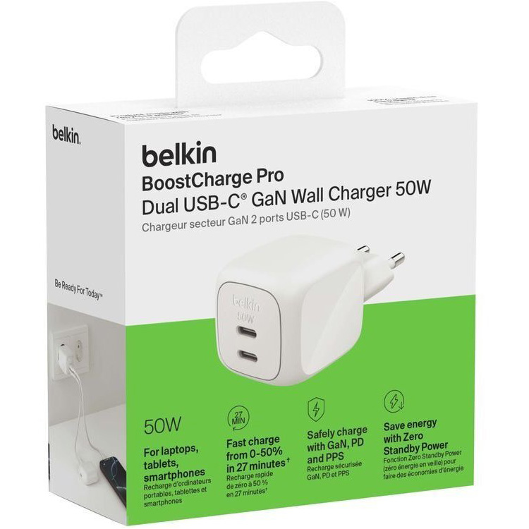 Зарядное устройство BELKIN Boost Up Charge Pro Dual USB-C GaN Wall Charger 50W White (WCH019KQWH)