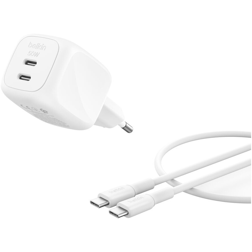 Зарядний пристрій BELKIN Boost Up Charge Pro Dual USB-C GaN Wall Charger 50W White w/Type-C cable (WCH019KQ1MWH-B6)
