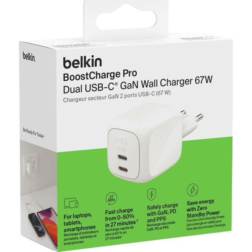 Зарядний пристрій BELKIN Boost Up Charge Pro Dual USB-C GaN Wall Charger 67W White (WCH020KQWH)
