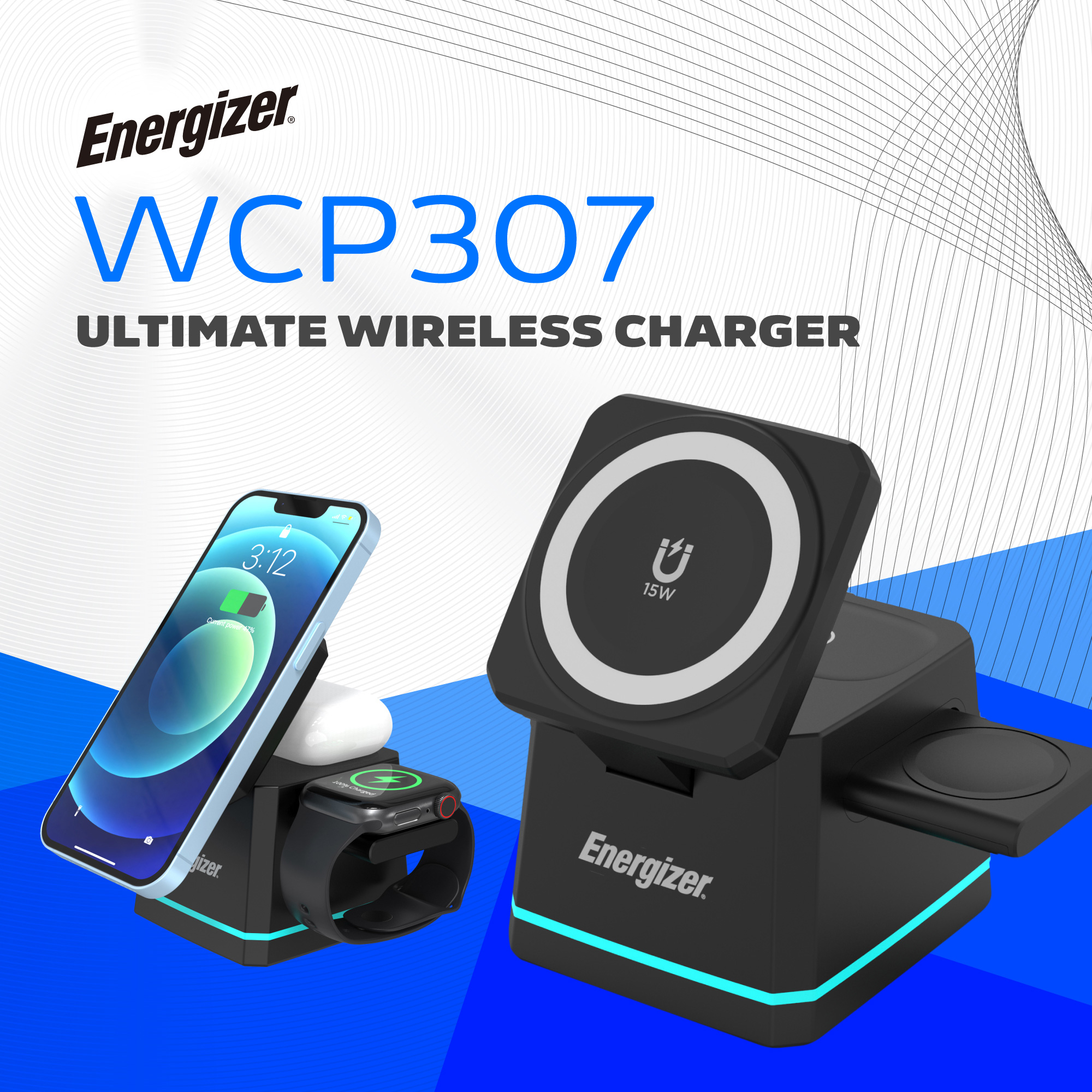 Бездротовий зарядний пристрій ENERGIZER 3-in-1 Magnetic Wireless Charging Dock for Phone, Earbuds & Watch