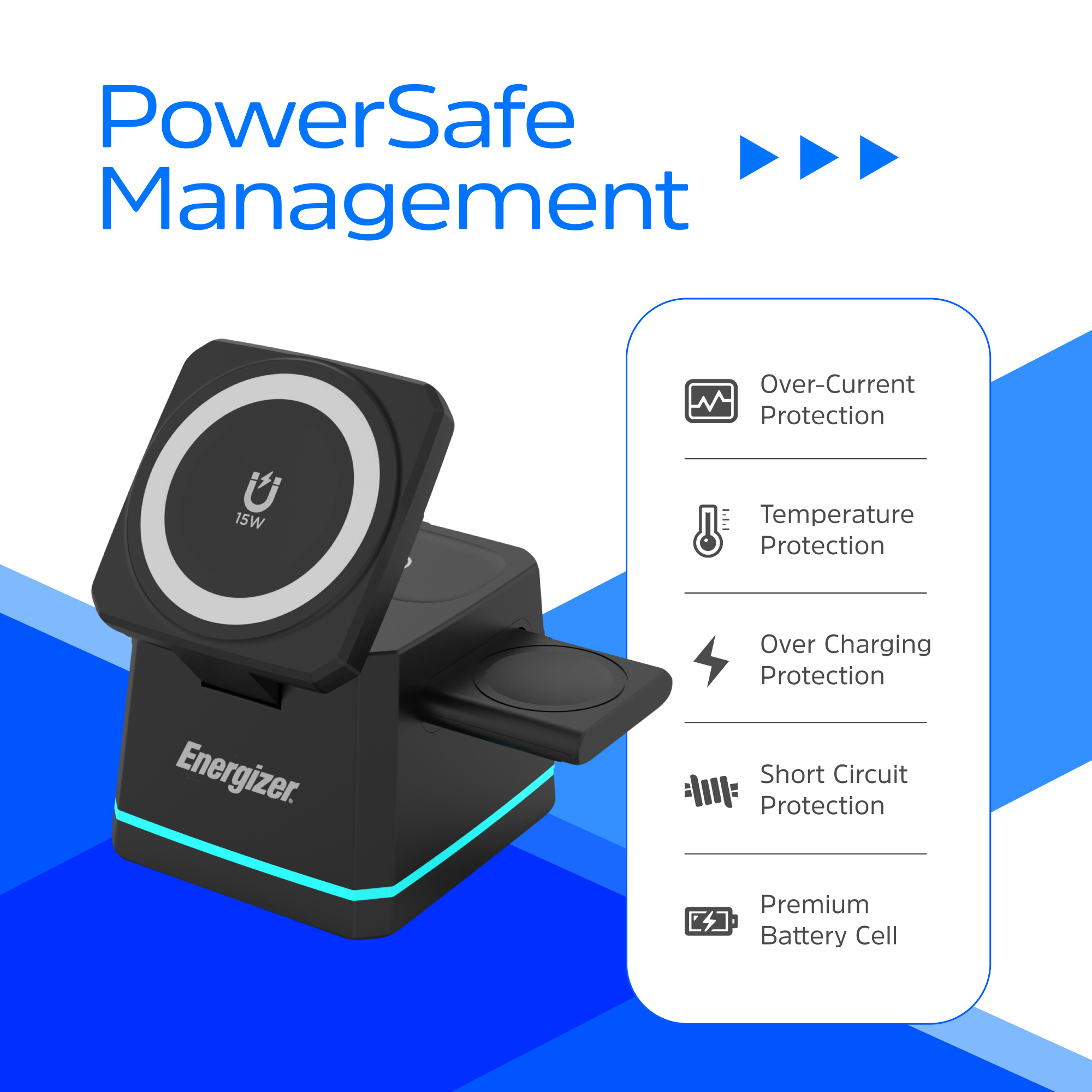 Бездротовий зарядний пристрій ENERGIZER 3-in-1 Magnetic Wireless Charging Dock for Phone, Earbuds & Watch