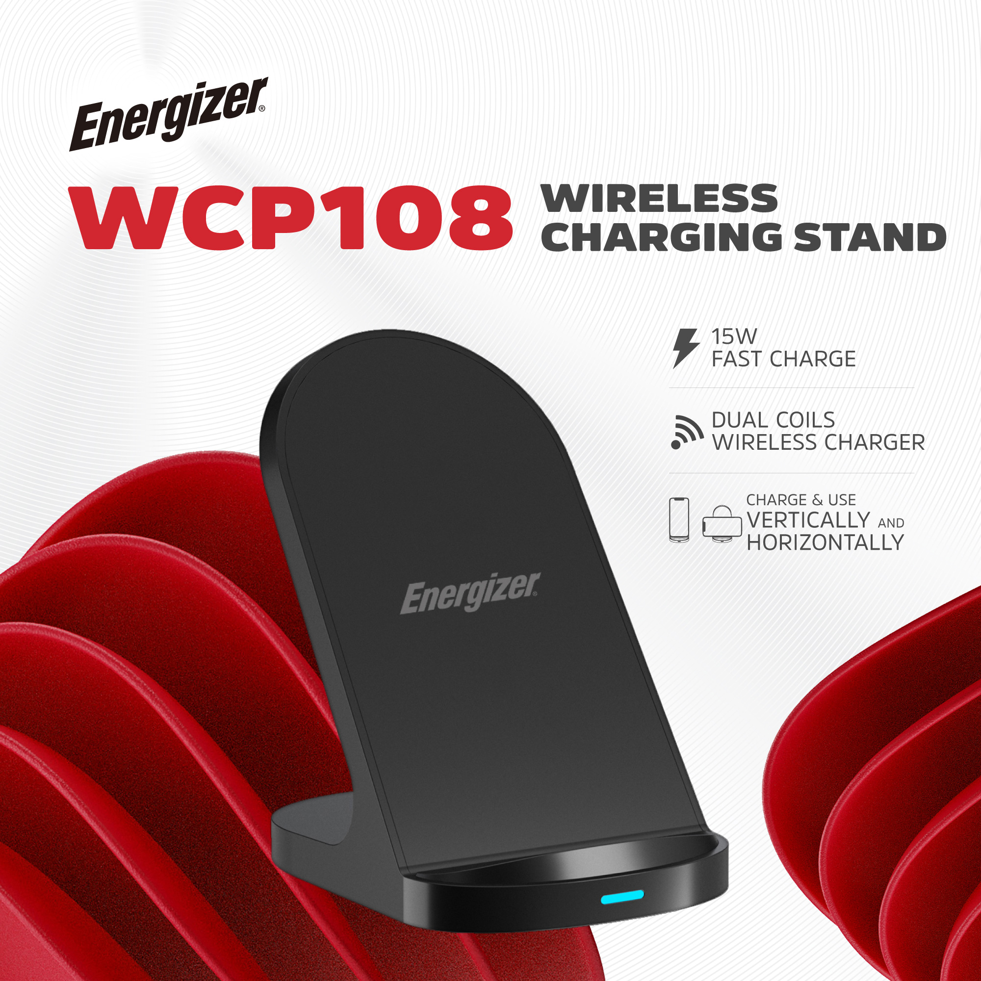 Бездротовий зарядний пристрій ENERGIZER 15W Wireless Charging Stand with Compact & Case-Friendly Design