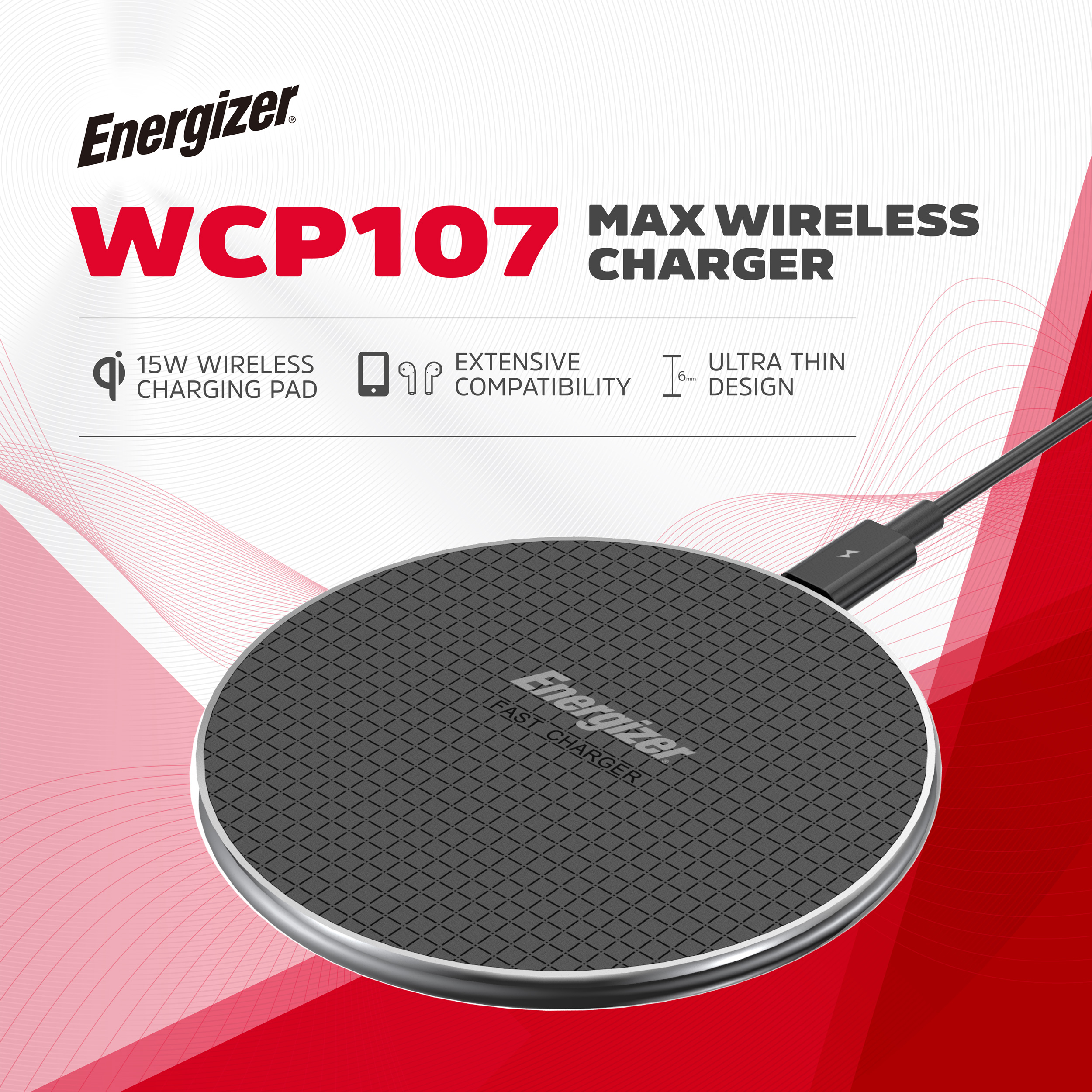 Бездротовий зарядний пристрій ENERGIZER Ultra-Slim Wireless Charging Pad with 15W Fast Power