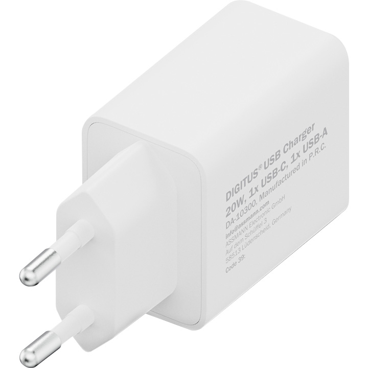 Зарядний пристрій DIGITUS 1xUSB-A, 1xUSB-C, 20W White (DA-10300)