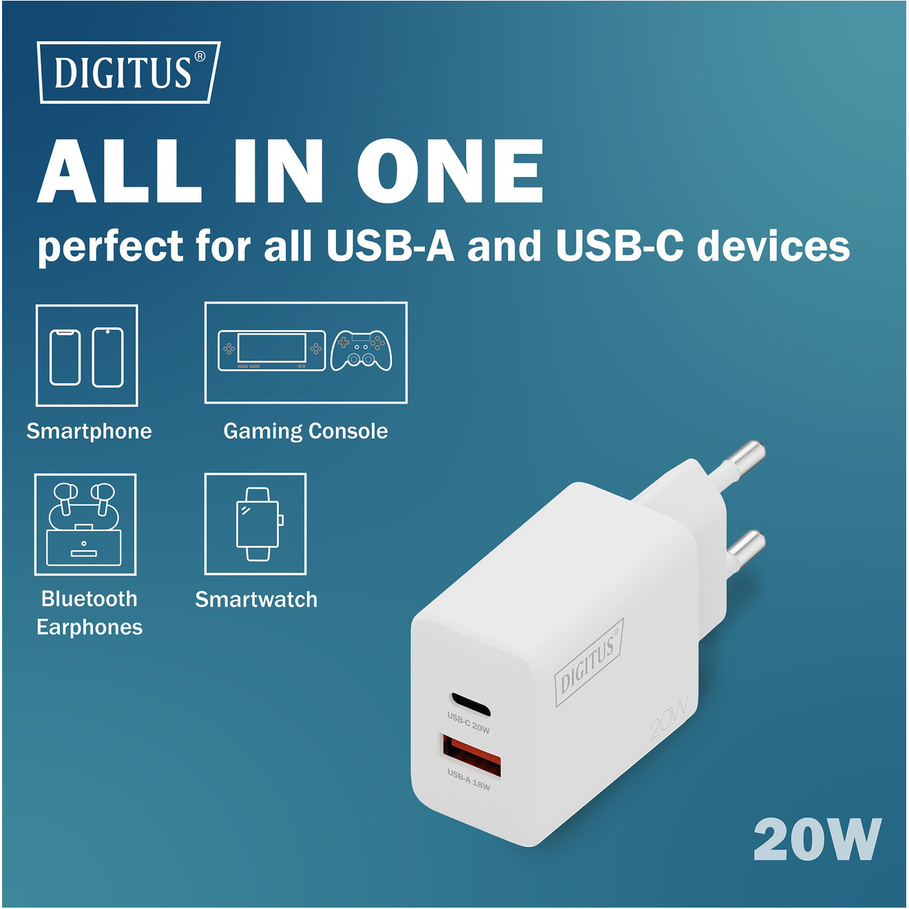 Зарядний пристрій DIGITUS 1xUSB-A, 1xUSB-C, 20W White (DA-10300)
