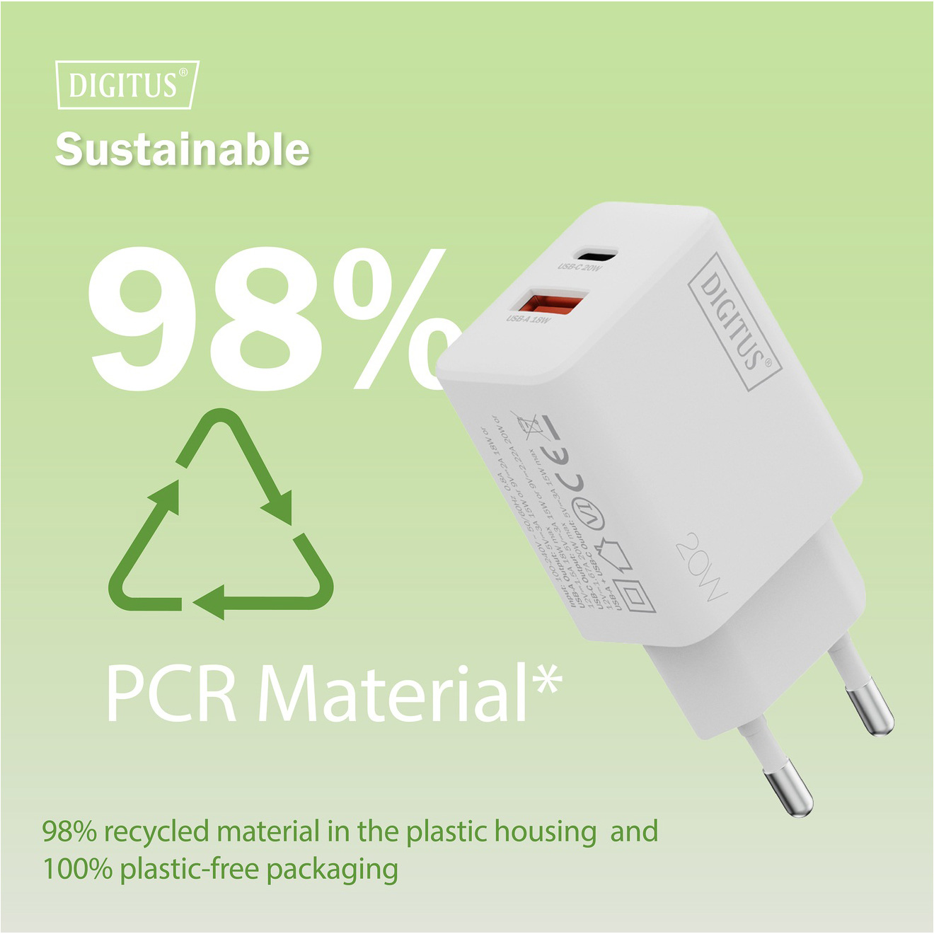 Зарядний пристрій DIGITUS 1xUSB-A, 1xUSB-C, 20W White (DA-10300)