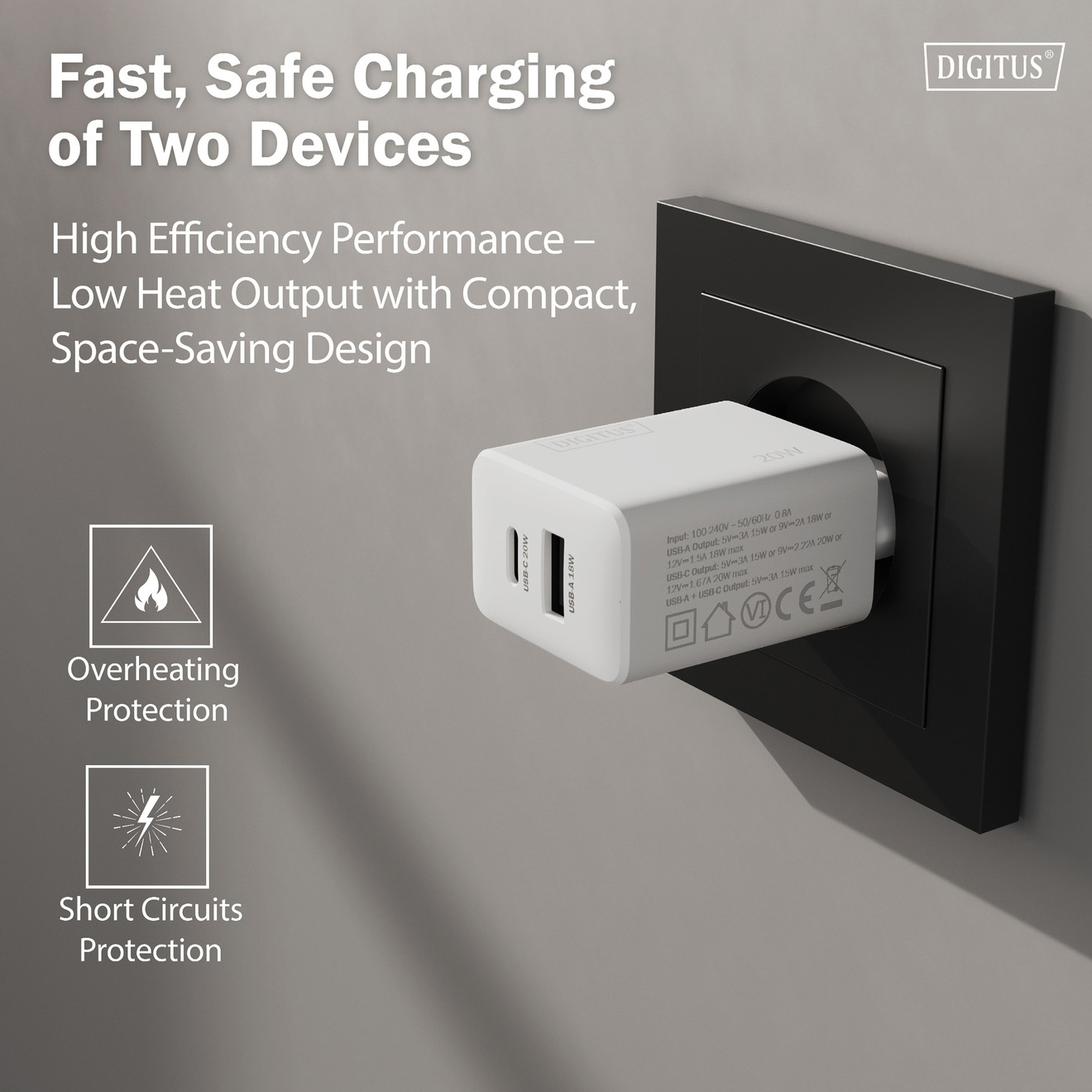 Зарядний пристрій DIGITUS 1xUSB-A, 1xUSB-C, 20W White (DA-10300)