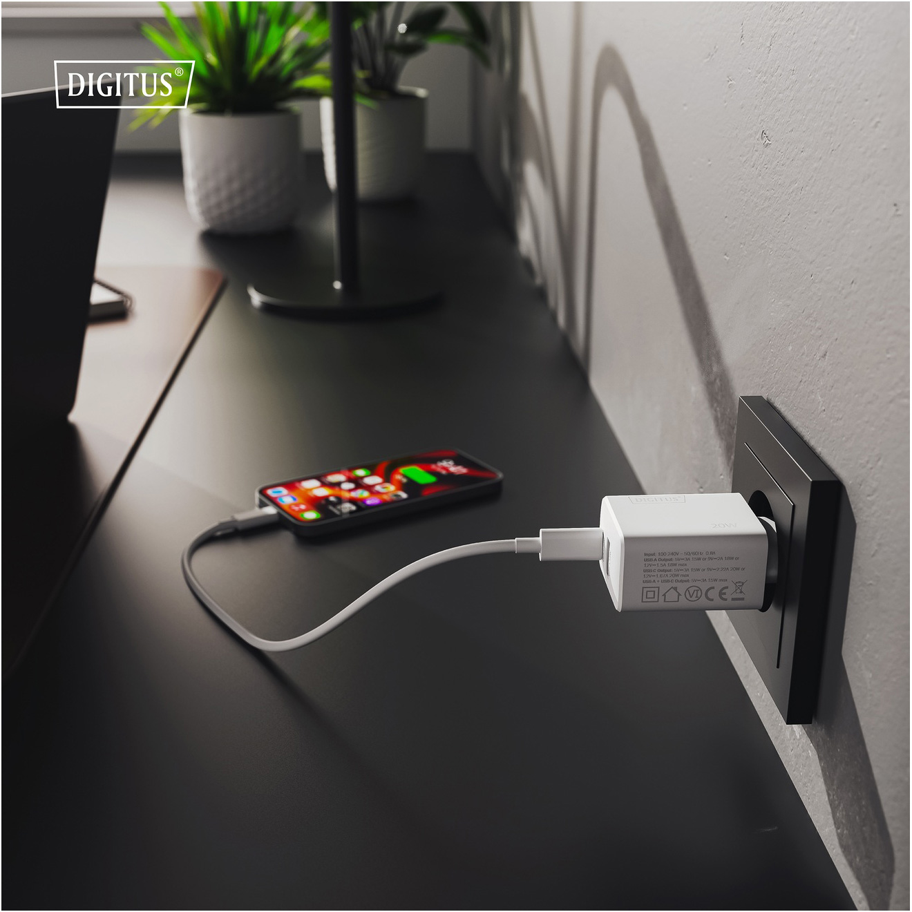 Зарядний пристрій DIGITUS 1xUSB-A, 1xUSB-C, 20W White (DA-10300)