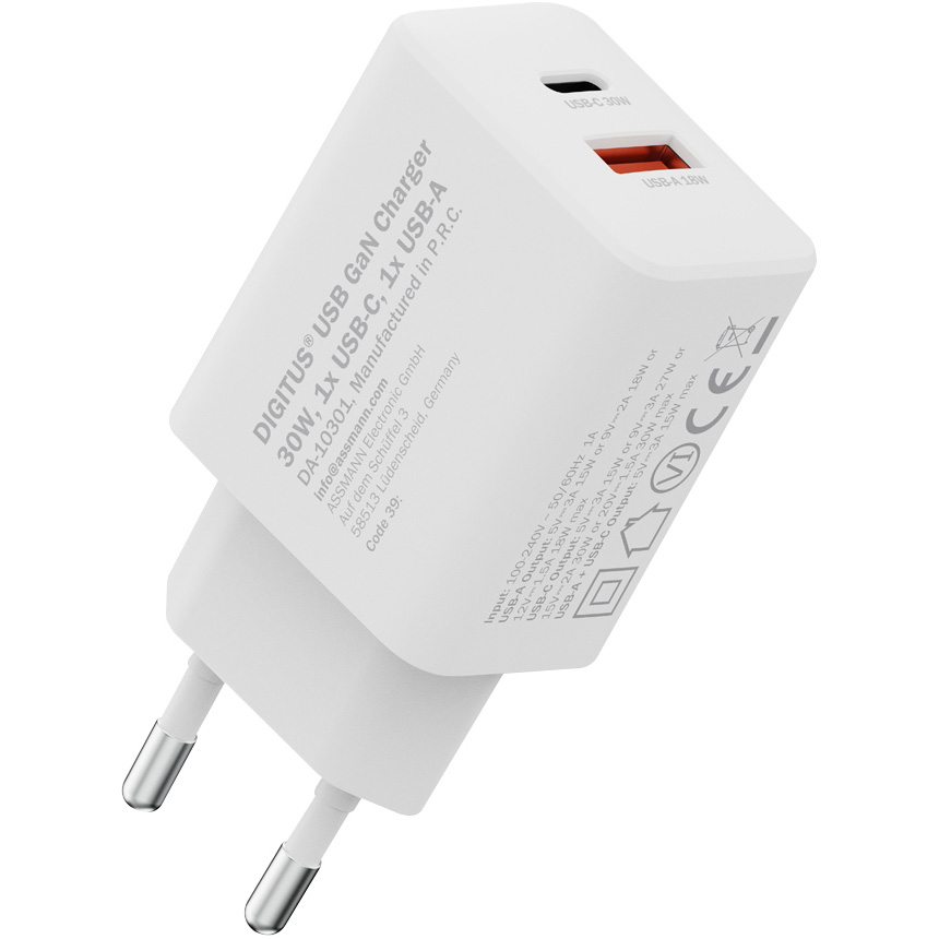 Зарядний пристрій DIGITUS GaN Charger, 1x USB-C, 1x USB-A, 30W White (DA-10301)