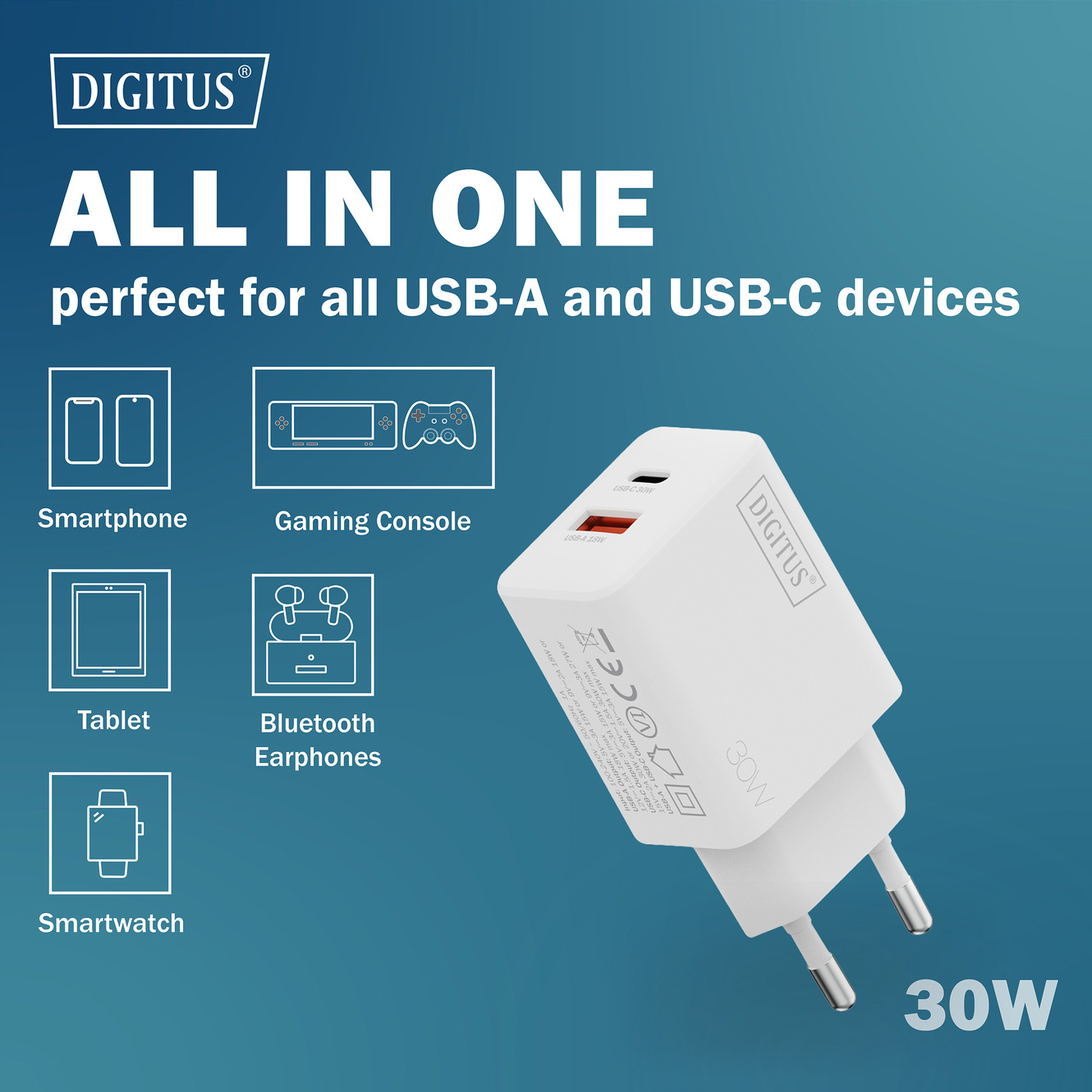 Зарядний пристрій DIGITUS GaN Charger, 1x USB-C, 1x USB-A, 30W White (DA-10301)