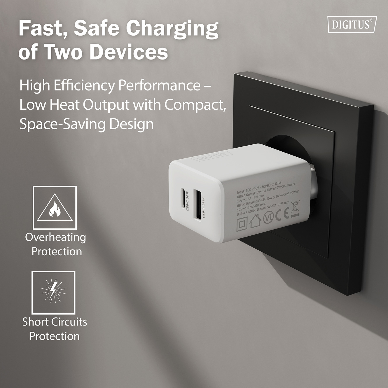 Зарядний пристрій DIGITUS GaN Charger, 1x USB-C, 1x USB-A, 30W White (DA-10301)