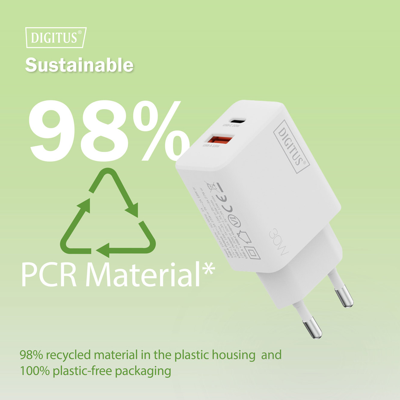 Зарядний пристрій DIGITUS GaN Charger, 1x USB-C, 1x USB-A, 30W White (DA-10301)