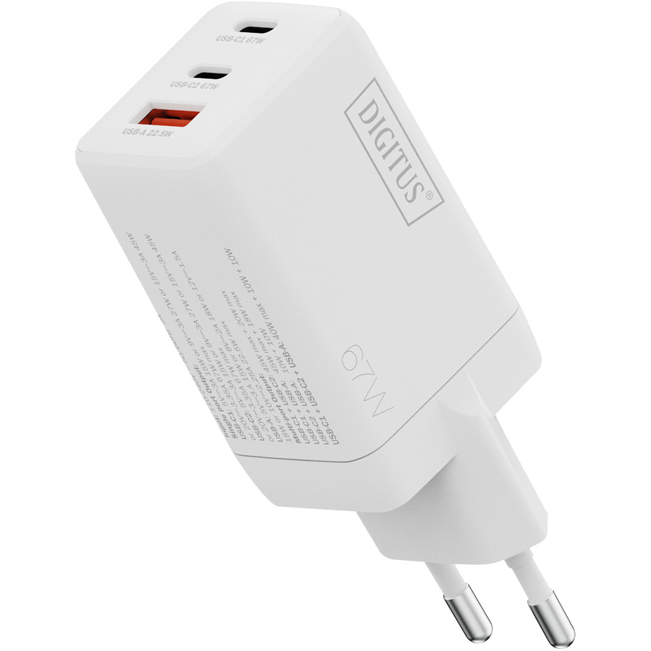Зарядний пристрій DIGITUS GaN Charger, 2x USB-C, 1x USB-A, 67W White (DA-10303)