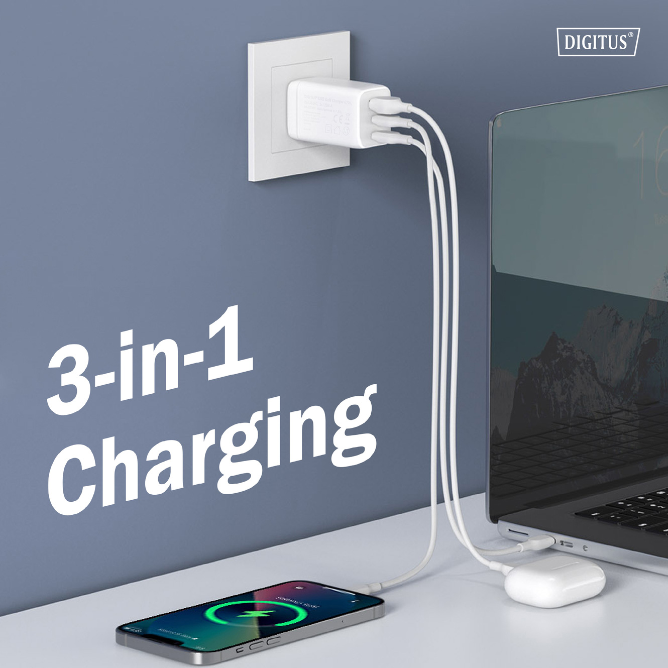 Зарядний пристрій DIGITUS GaN Charger, 2x USB-C, 1x USB-A, 67W White (DA-10303)
