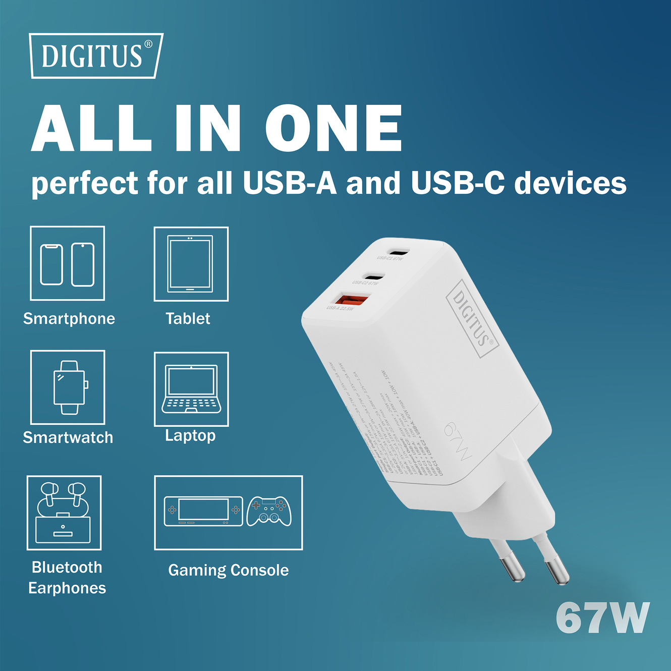 Зарядний пристрій DIGITUS GaN Charger, 2x USB-C, 1x USB-A, 67W White (DA-10303)