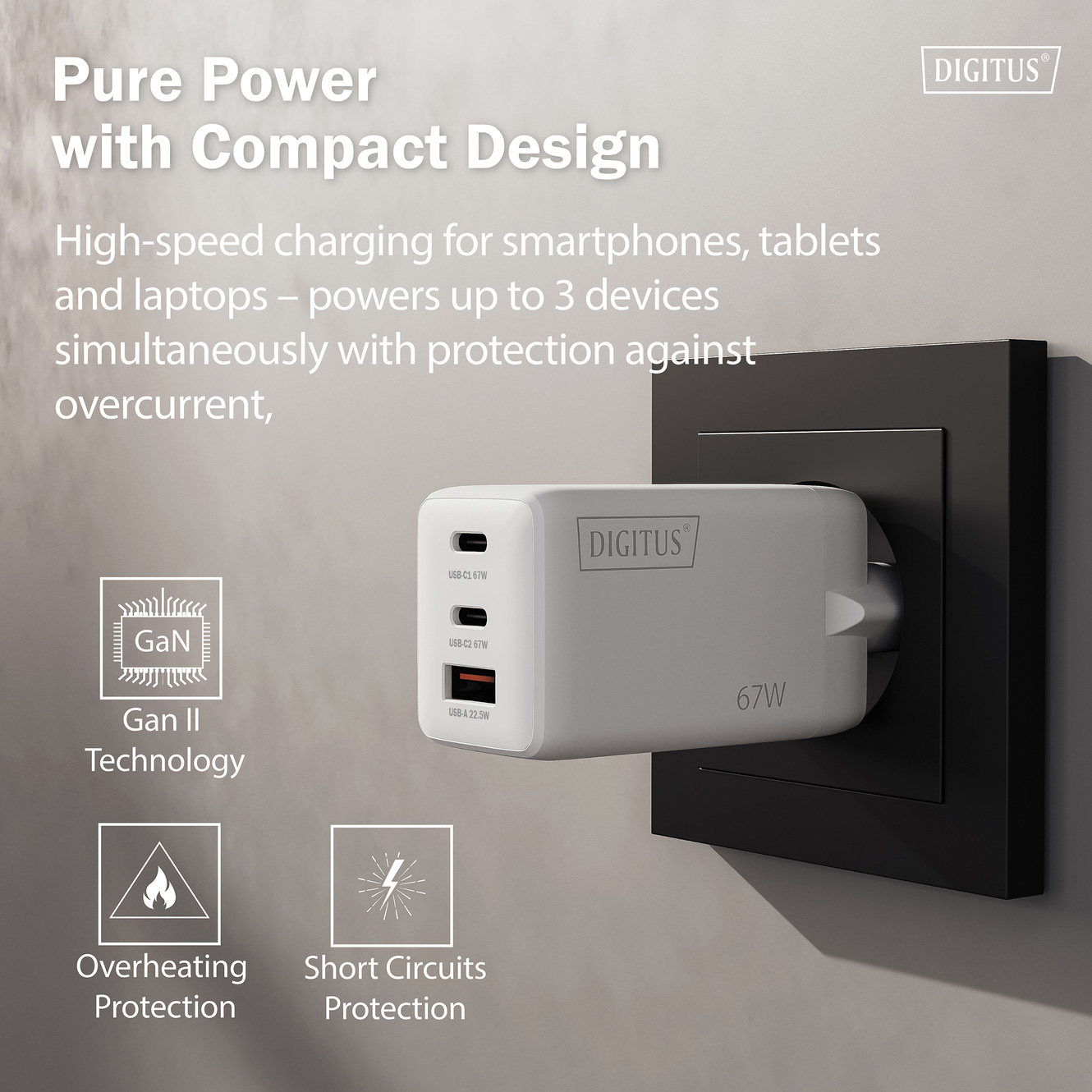 Зарядний пристрій DIGITUS GaN Charger, 2x USB-C, 1x USB-A, 67W White (DA-10303)