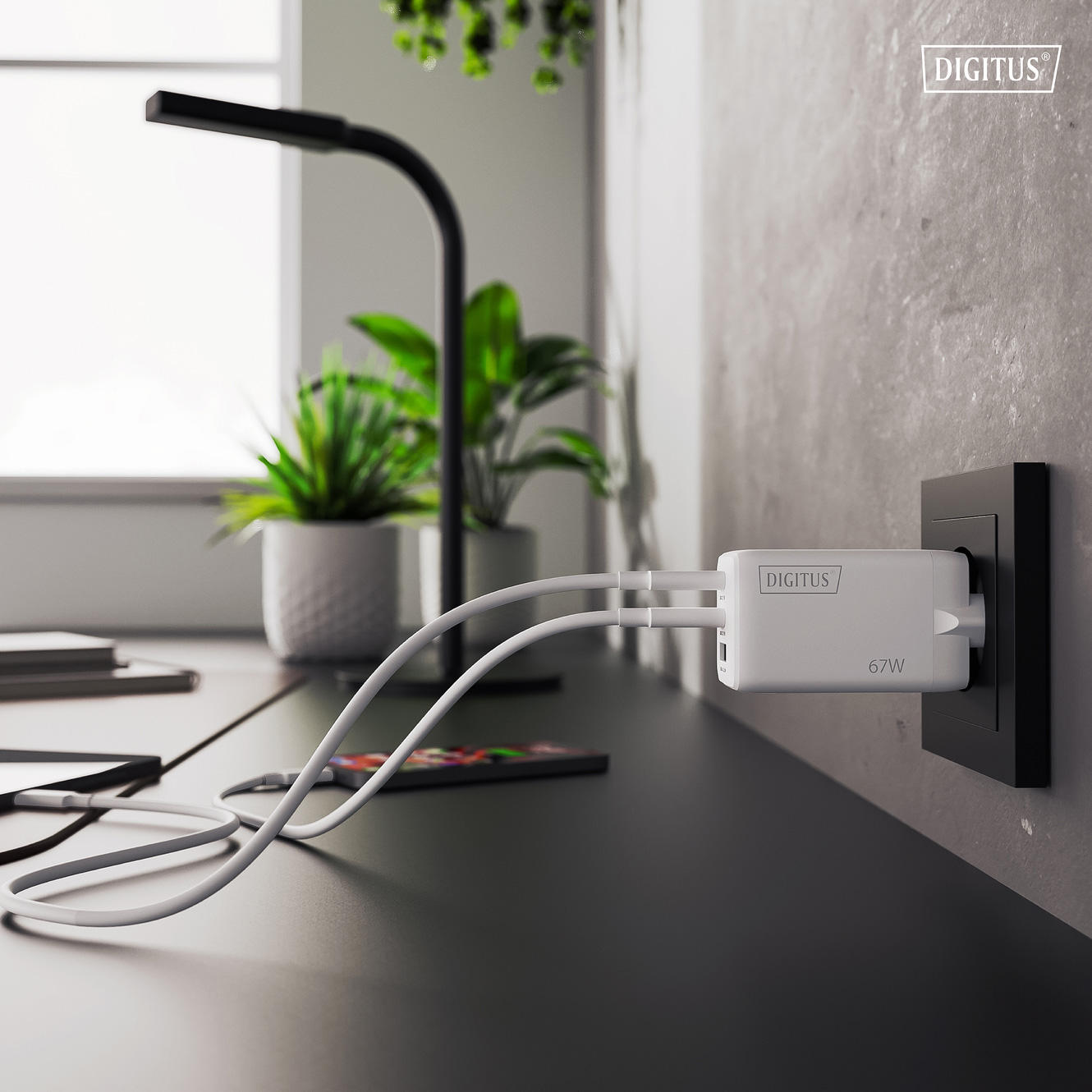 Зарядний пристрій DIGITUS GaN Charger, 2x USB-C, 1x USB-A, 67W White (DA-10303)