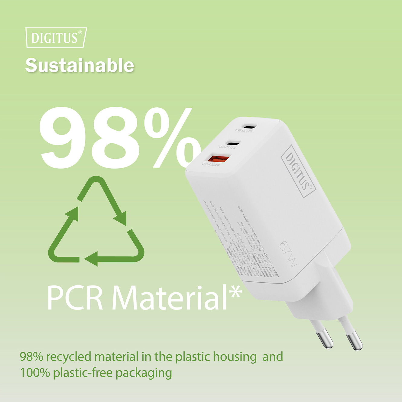 Зарядний пристрій DIGITUS GaN Charger, 2x USB-C, 1x USB-A, 67W White (DA-10303)