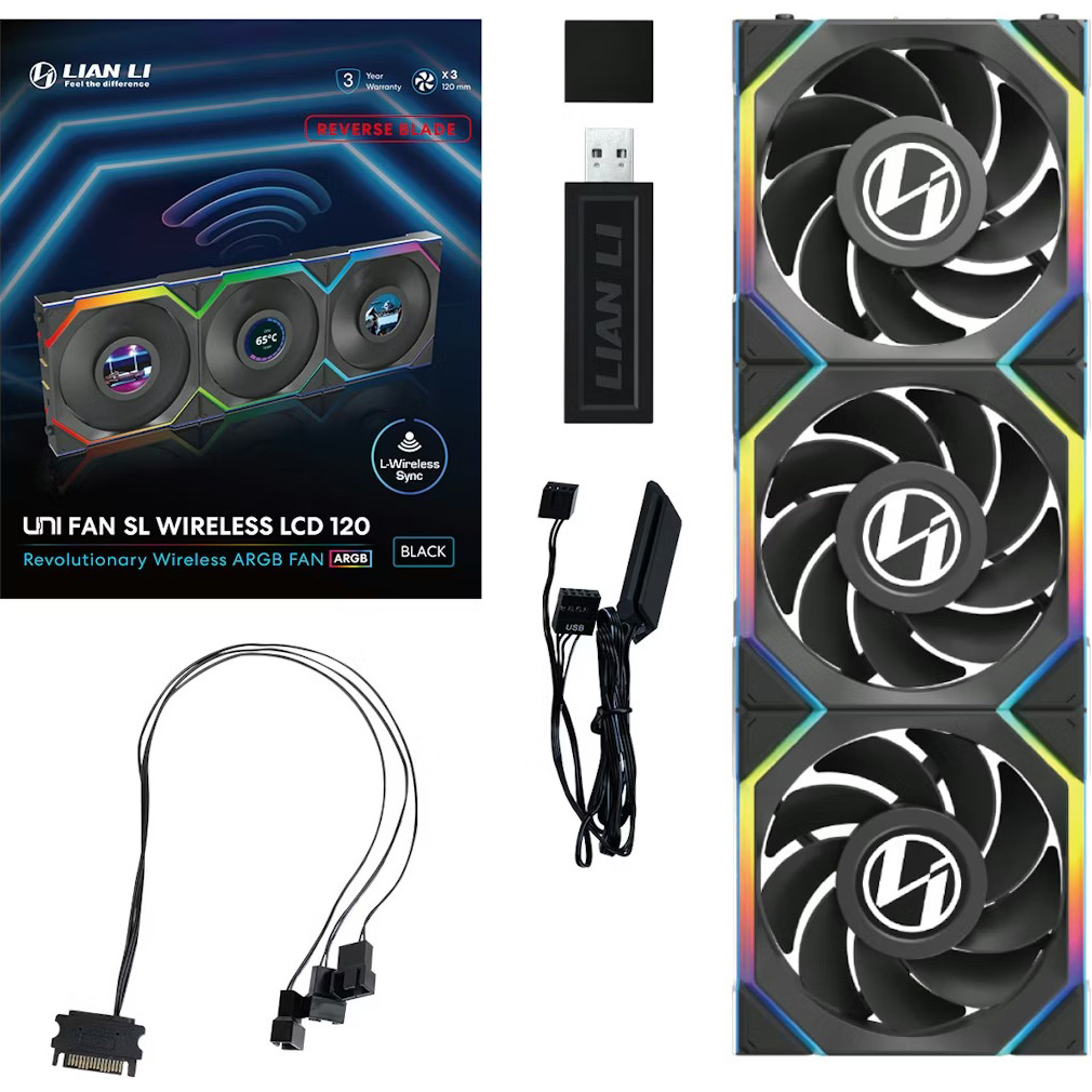 Комплект вентиляторів LIAN LI Uni Fan SL Wireless LCD 120 Reverse Blade Black 3-Pack (G99.12RSLLCD1W3B.00)