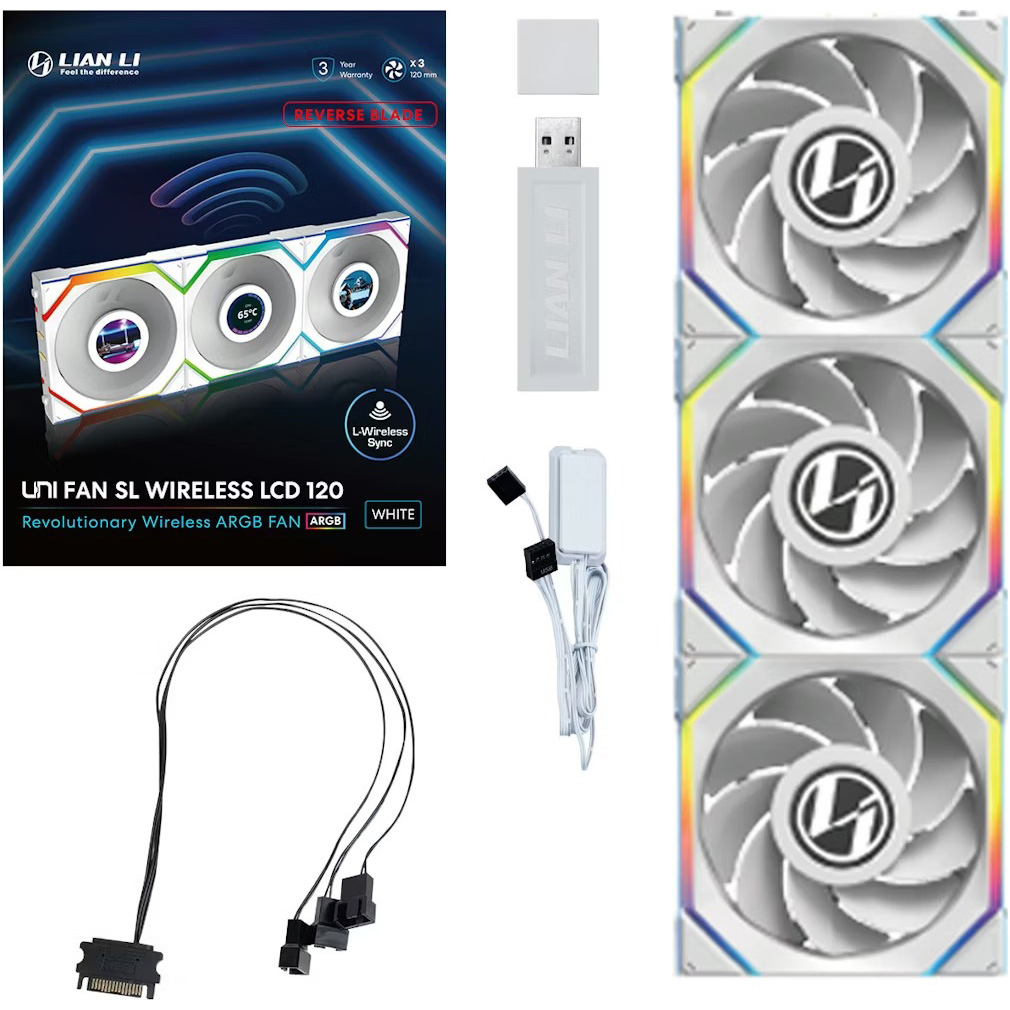 Комплект вентиляторів LIAN LI Uni Fan SL Wireless LCD 120 Reverse Blade White 3-Pack (G99.12RSLLCD1W3W.00)