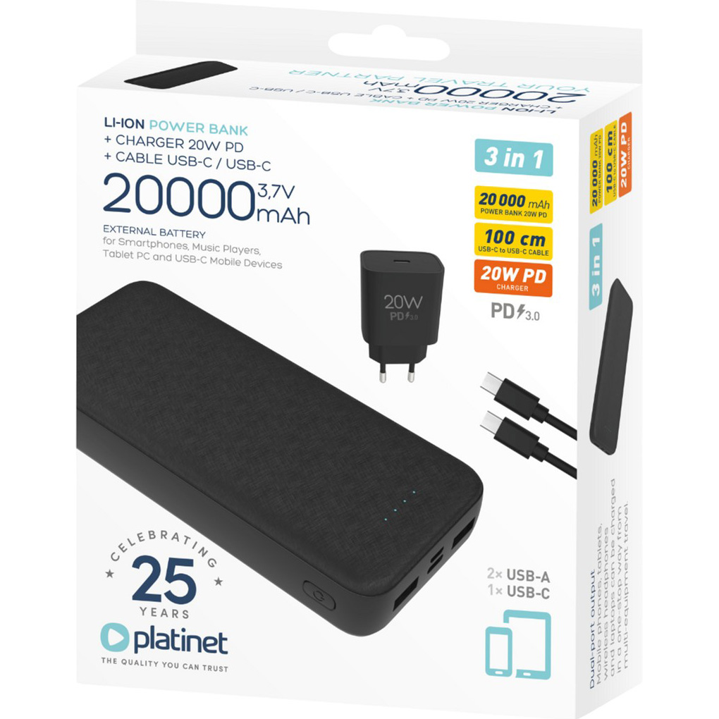 Повербанк PLATINET 3-in-1 Powerbank w/Type-C cable and Charger PD20W 20000mAh Black (PMPB20SETB)