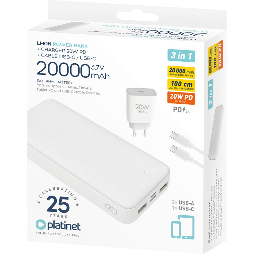 Повербанк PLATINET 3-in-1 Powerbank w/Type-C cable and Charger PD20W 20000mAh White (PMPB20SETW)