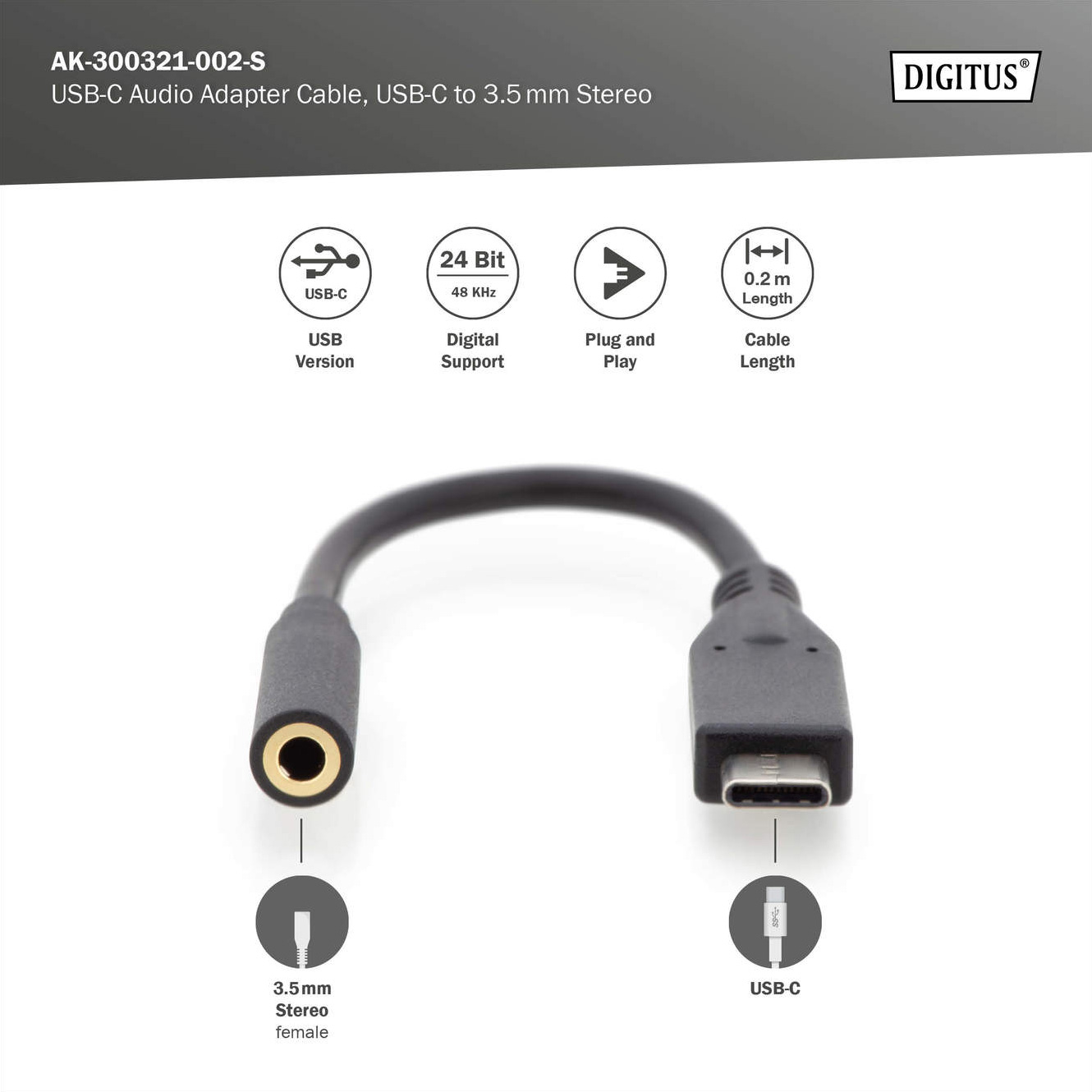 Адаптер DIGITUS USB-C to 3.5mm USB-C to 3.5mm Black (AK-300321-002-S)