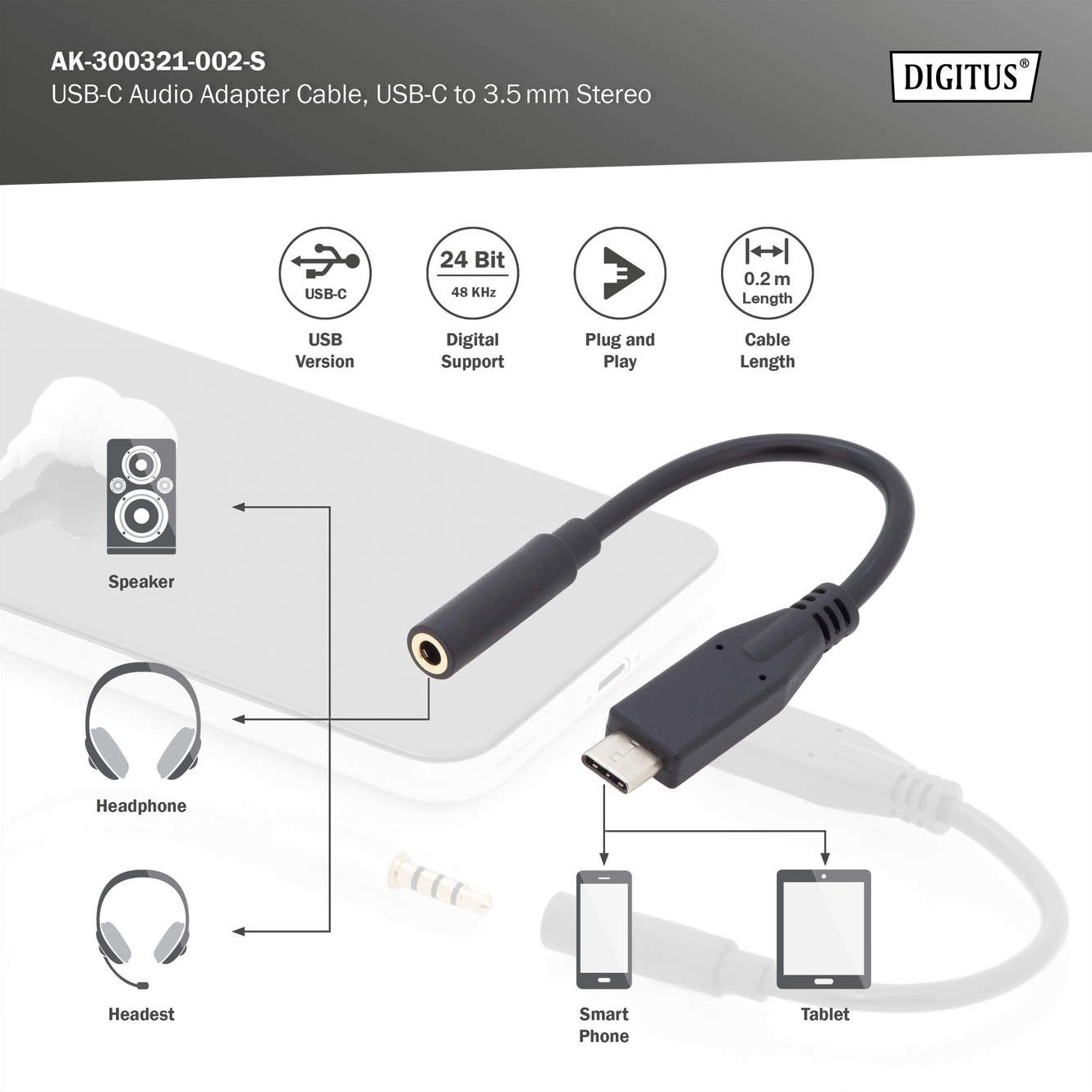 Адаптер DIGITUS USB-C to 3.5mm USB-C to 3.5mm Black (AK-300321-002-S)