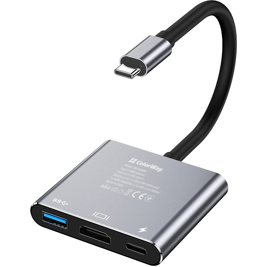 Порт-репликатор COLORWAY 3-in-1 USB-C to 1xHDMI, 1xUSB3.0, PD100W (CW-HUB08)