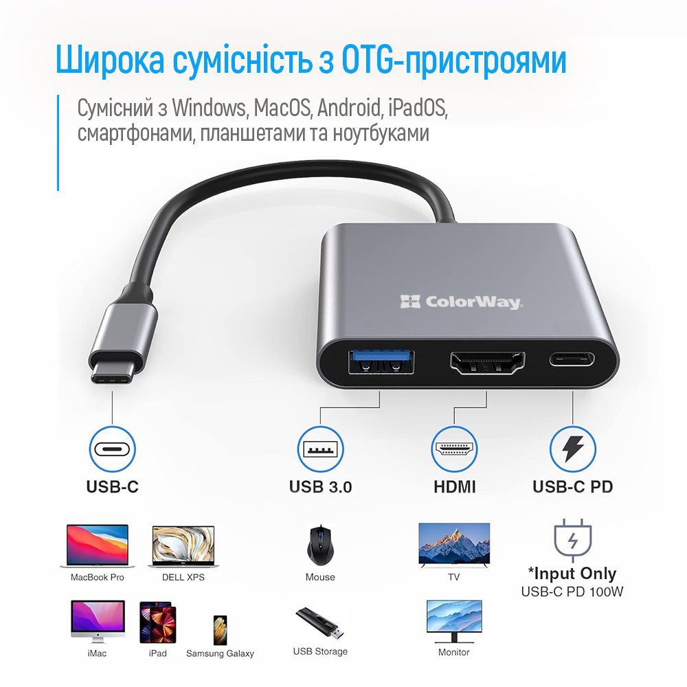Порт-репликатор COLORWAY 3-in-1 USB-C to 1xHDMI, 1xUSB3.0, PD100W (CW-HUB08)