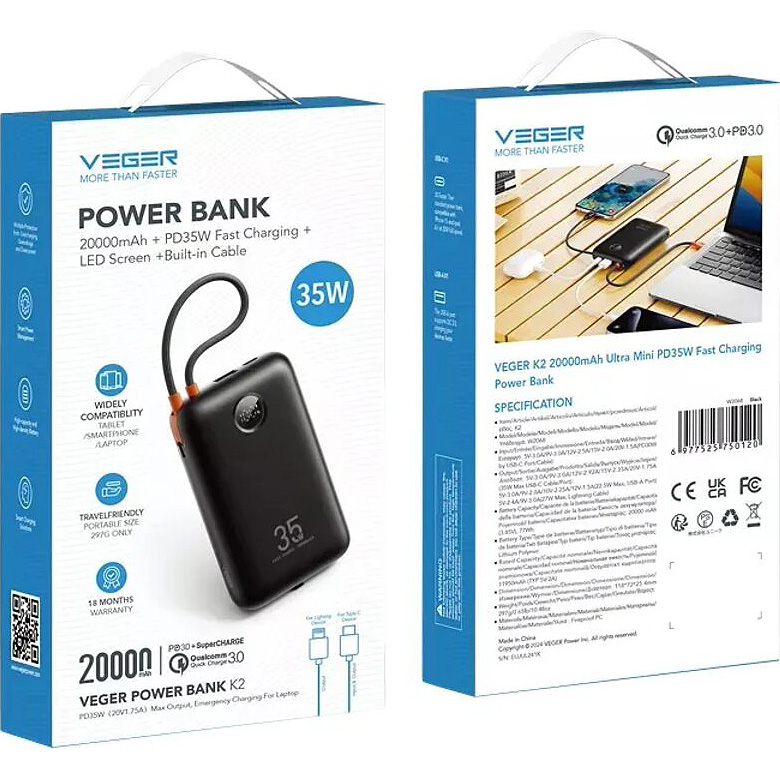 Повербанк VEGER K2 With Built-in Lightning&Type-C Cables, QC3.0, PD, 35W 20000mAh Black