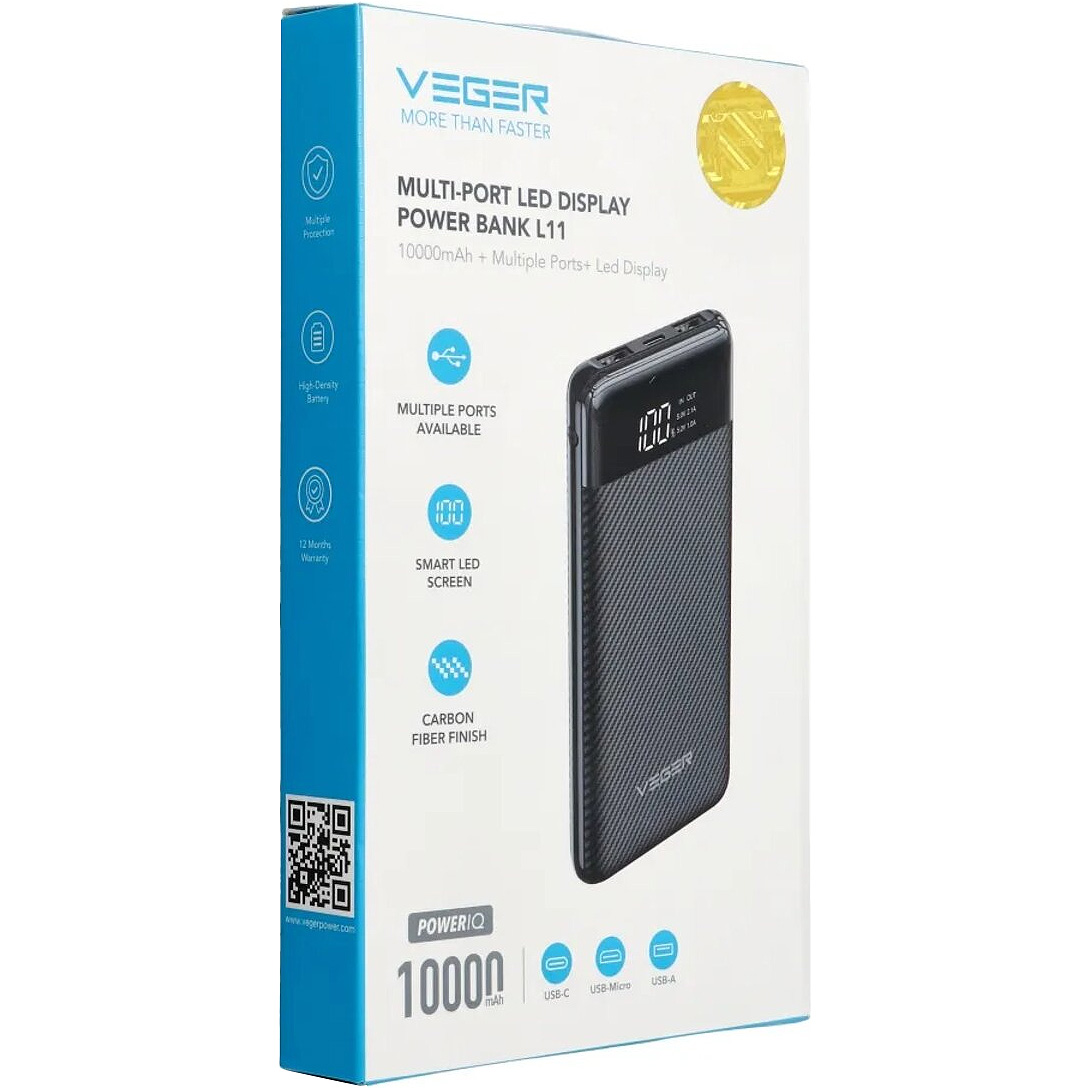 Повербанк VEGER L11 1xUSB-C, 2xUSB-A 15W 10000mAh Black