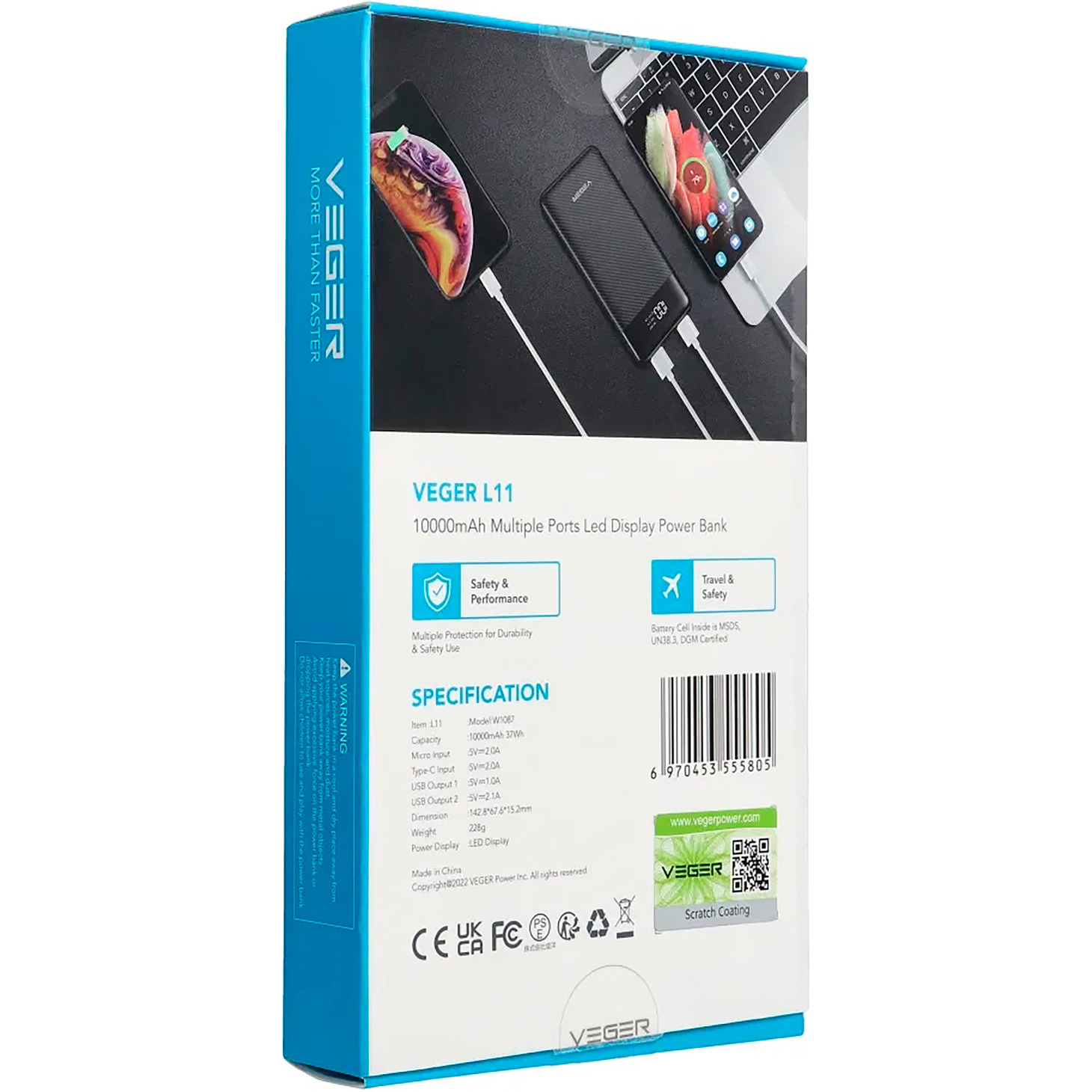 Повербанк VEGER L11 1xUSB-C, 2xUSB-A 15W 10000mAh Black