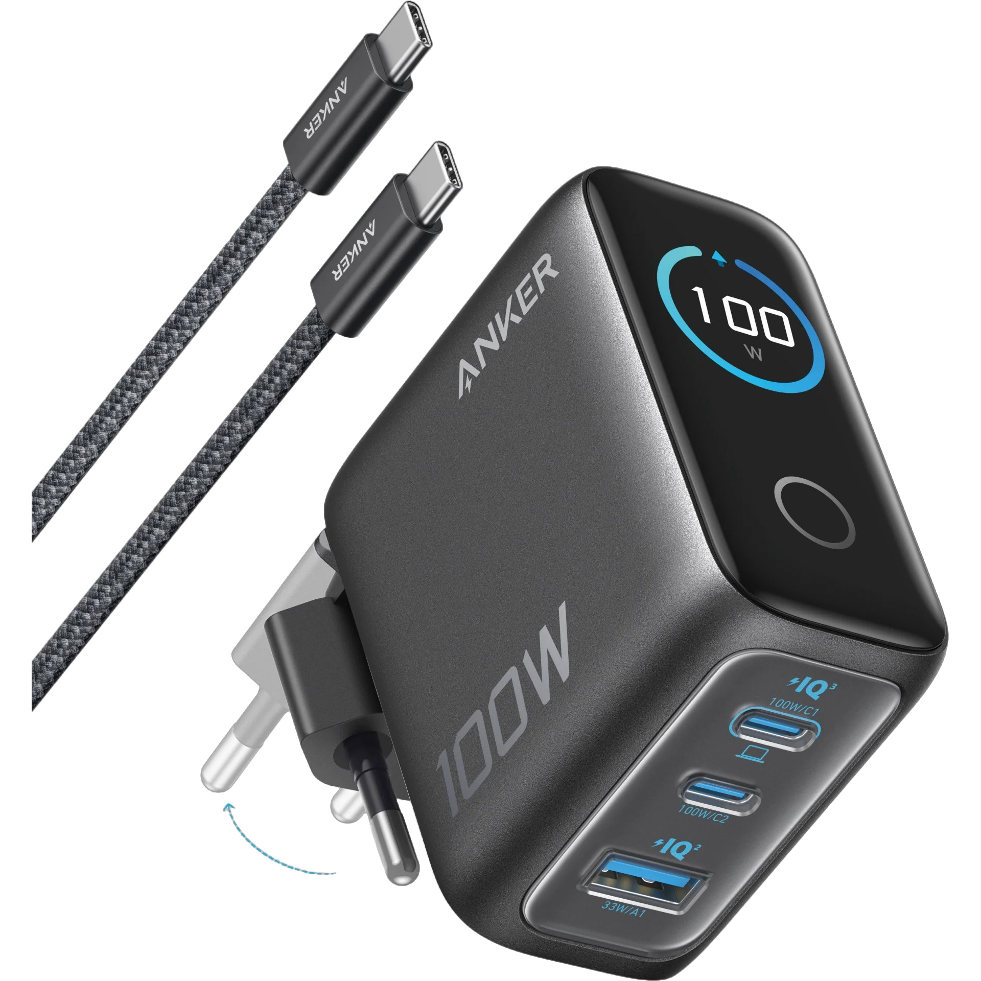 Зарядное устройство ANKER GaN Charger 100W 1xUSB-A, 2xUSB-C PD with Display and Cable Dark Gray w/Type-C cable (B121BGZ1)
