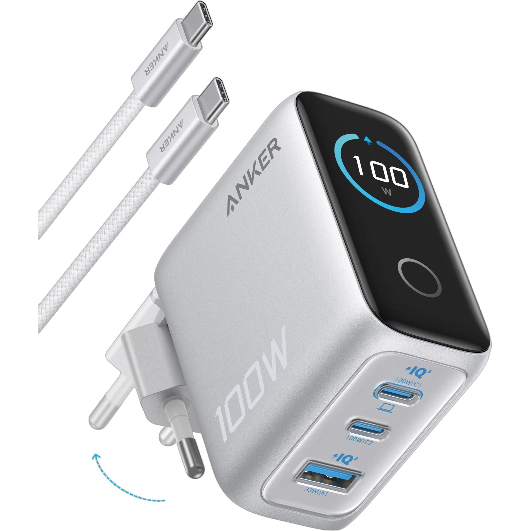 Зарядний пристрій ANKER GaN Charger 100W 1xUSB-A, 2xUSB-C PD with Display and Cable Silver w/Type-C cable (B121BG41)