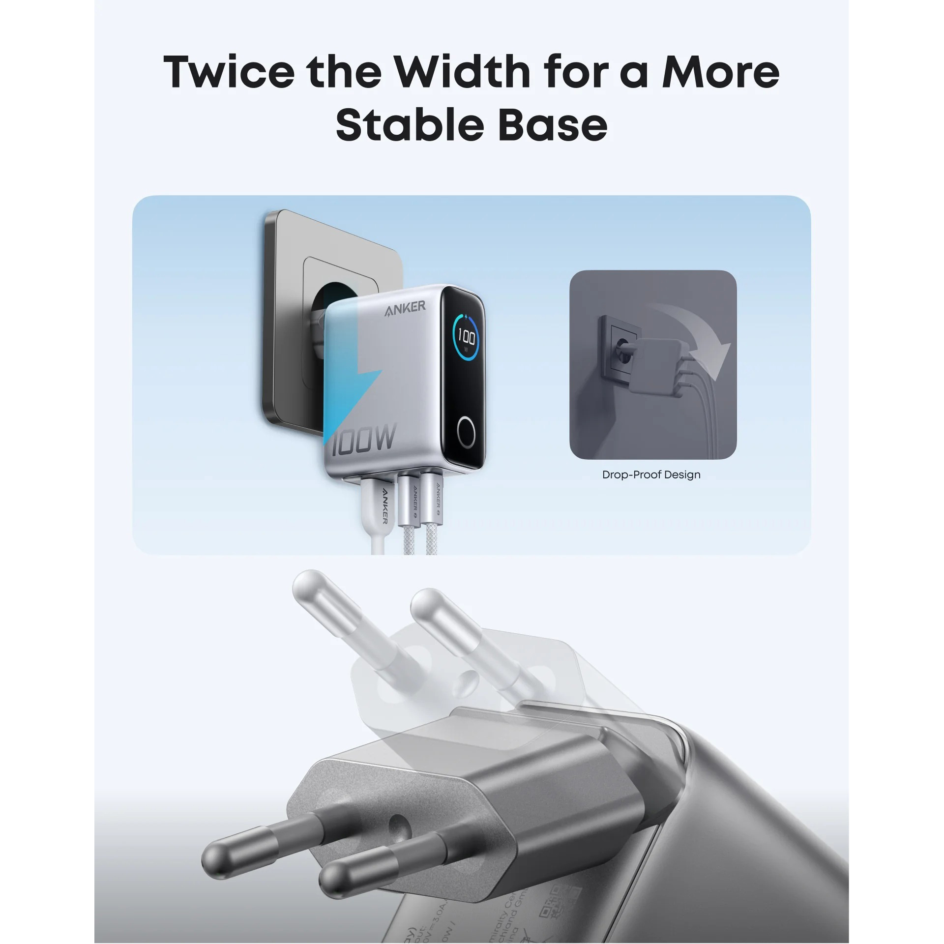 Зарядний пристрій ANKER GaN Charger 100W 1xUSB-A, 2xUSB-C PD with Display and Cable Silver w/Type-C cable (B121BG41)