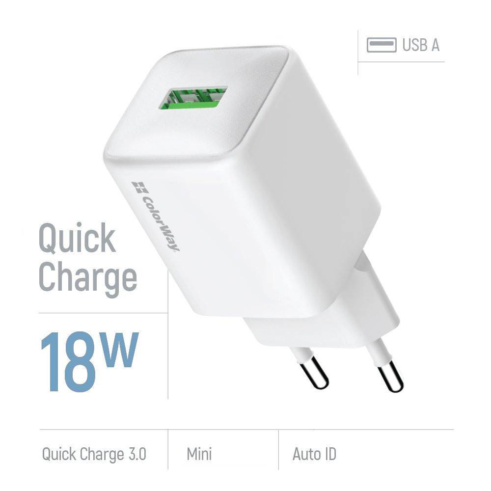 Зарядний пристрій COLORWAY 1xUSB-A, 3A, QC3.0, 18W White (CW-CHS063Q-WT)